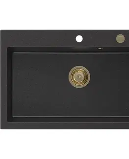 Kuchynské drezy MEXEN/S MEXEN/S - Elix granitový drez 1-miska 800 x 500 mm, čierna/strieborná metalík, sifón zlatá 6527801005-73-G