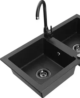 Kuchynské drezy MEXEN/S MEXEN/S - Mario granitový drez 2-bowl vrátane batérie Telma, čierna/strieborná 6504-73-670200-70-B