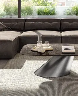 Konferenčné stolíky DELIFE Konferenčný stolík Edge zaoblený 120x70 cm keramika Laminam® Emperador Extra Lucidato tmavohnedá Conis metalická strieborná