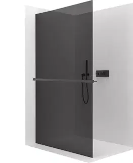 Sprchové dvere CERANO - Sprchová zástena Walk-in Crystal Ľ/P - 10 mm + polička/držiak na uteráky - bezvzperový systém - čierna matná, grafitové sklo - 130x200 CER-8050BD82784