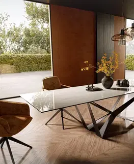 Jedálenské stoly DELIFE Jedálenský stôl Edge 300×100 cm keramika onyx šampanské pavúk plochá oceľ nerezová oceľ grafitová