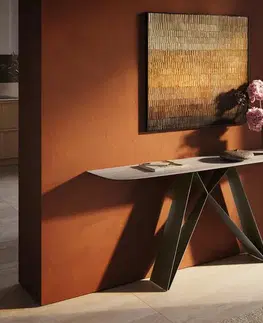 Konzolové stolíky DELIFE Konzolový stolík Edge zaoblený 180×40 cm keramika Laminam® Travertino Bianco krémovo biela Velio kov titánová farba