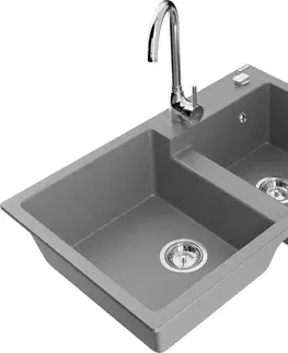 Kuchynské drezy MEXEN/S MEXEN/S - Tomas granitový drez 2-bowl vrátane batérie Telma, šedá 6516-71-670200-00