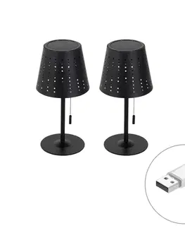 Lampy Sada 2 stolných lamp čiernych vrátane LED 3-stupňového stmievača dobíjateľnej a solárnej - Ferre