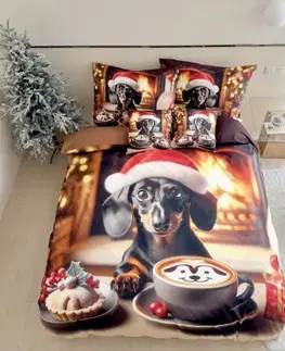 Obliečky 3 dielne Vianočné Flanelové obliečky 3D polycotton Christmas Dogs 200x140cm+90x70cm TiaHome