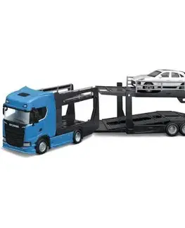 Autíčka a dopravné prostriedky BBurago Bburago 1:43 Kamion Multicar Carrier Scania 770S Blue + Porsche Macan