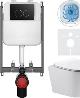 Záchody CERANO - Kompletný WC set Basic/Carlito - biela lesklá - WC tlačidlo Dualo/Čierna - na zamurovanie - 48,5x36,5 CER-8050BD86021