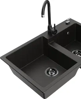 Kuchynské drezy MEXEN/S MEXEN/S - Tomas granitový drez 2-bowl vrátane batérie Telma, čierna/zlatá metalik 6516-75-670200-70-B