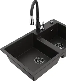 Kuchynské drezy MEXEN/S MEXEN/S - Tomas granitový drez 2-bowl vrátane batérie Savita, čierna/zlatá metalik 6516-75-672601-70-B