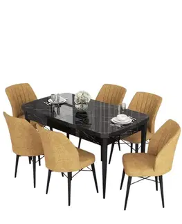 Jedálenské sety Extendable Dining Table & Chairs Set (7 Pieces) Eva - Black Marble, Cappuccino
