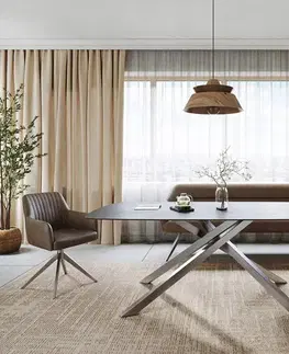 Jedálenské stoly DELIFE Jedálenský stôl Edge zaoblený 200x100 cm keramika betónová sivá krížová podstava obdĺžniková nerezová oceľ