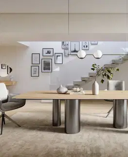Jedálenské stoly DELIFE Jedálenský stôl Edge zaoblený 300×120 cm keramika Laminam® Sabbia dubová farba podstava nerezová oceľ grafitová