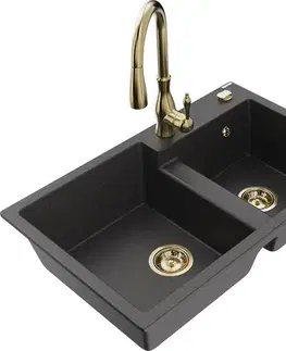 Kuchynské drezy MEXEN/S MEXEN/S - Tomas granitový drez 2-bowl vrátane batérie Savita, čierna kropenatá 6516-76-672601-50