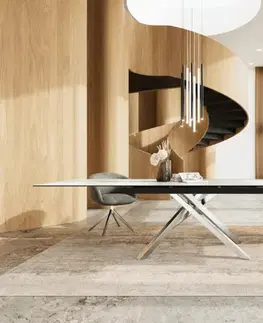 Jedálenské stoly DELIFE Jedálenský stôl Edge 200-300x100 keramika Laminam®Statuarietto biela krížová podstava obdĺžnik nerezová oceľ rozkladací