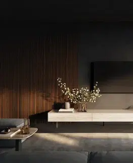 Televízne stolíky DELIFE TV stolík Cuor 250 cm keramika Laminam® Travertino Bianco krémovo biela 1 výklopné dvierka 1 zásuvka podstava závesná akrylové sklo