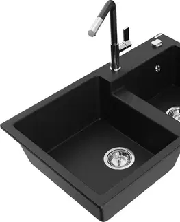 Kuchynské drezy MEXEN/S MEXEN/S - Tomas granitový drez 2-bowl vrátane batérie Flora, čierna 6516-77-670401-07