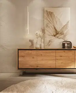 Komody DELIFE Komoda Stonegrace 200 cm dub prírodná 4 dvierka podstava štvorcová nerezová oceľ kefovaná