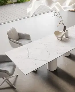 Jedálenské stoly DELIFE Jedálenský stôl Edge 300x100 keramika Laminam®Statuarietto biela pilier kov biela