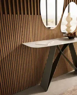 Konzolové stolíky DELIFE Konzolový stolík Edge zaoblený tvar 140×40 cm keramika onyx šampanské Velio kov titánová farba