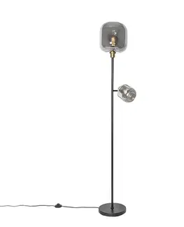 Stojace lampy Stojaca lampa čierna so zlatom s dymovým sklom 2-svetlo - Zuzanna