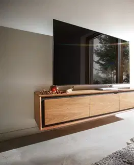 Televízne stolíky DELIFE TV stolík Stonegrace 145 cm akácia prírodná 3 dvierka kamenná dyha závesný