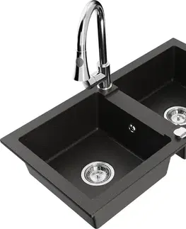 Kuchynské drezy MEXEN/S MEXEN/S - Mario granitový drez 2-bowl vrátane batérie Elia, čierna/zlatá metalik 6504-75-670101-00