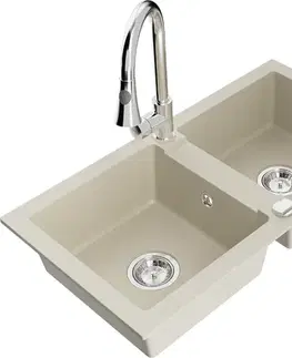 Kuchynské drezy MEXEN/S MEXEN/S - Mario granitový drez 2-bowl vrátane batérie Elia, béžová 6504-69-670101-00