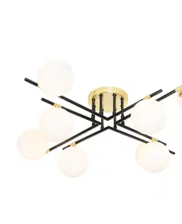 Stropné osvetlenie Stropné svietidlo čierne so zlatom a opálovým sklom 8-žiarovkové - Lynn