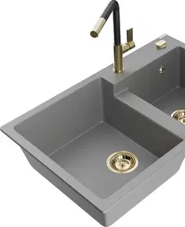 Kuchynské drezy MEXEN/S MEXEN/S - Tomas granitový drez 2-bowl vrátane batérie Flora, šedá 6516-71-670401-57-G