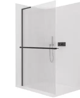 Sprchové dvere CERANO - Sprchová zástena Walk-in Onyx L-ľavá vzpera - 8 mm + polička/držiak na uteráky - čierna matná, ryhované sklo - 90x200 CER-8050BD839