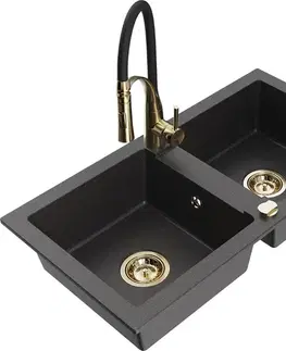 Kuchynské drezy MEXEN/S MEXEN/S - Mario granitový drez 2-bowl vrátane batérie Aster, čierna kropenatá 6504-76-73450-57-G