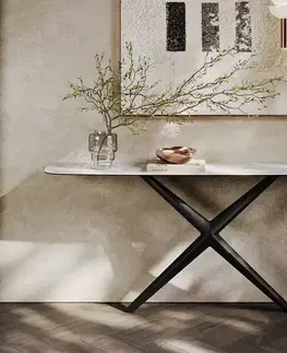 Konzolové stolíky DELIFE Konzolový stolík Edge zaoblený tvar 180×40 cm keramika Laminam® Statuarietto biela Estelo kov čierna