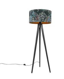 Stojace lampy Stojaca lampa trojnožka čierna s tienidlom páv 50 cm - Tripod Classic