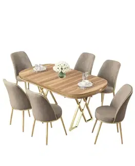 Jedálenské sety Dining Table & Chairs Set (7 Pieces) Lai - Light Walnut, Gold, Cappuccino