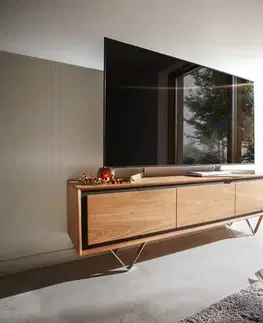 Televízne stolíky DELIFE TV stolík Stonegrace 145 cm akácia prírodná 3 dvierka kamenná dyha podstava v tvare V