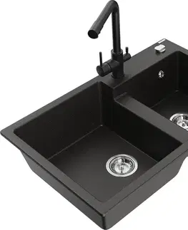 Kuchynské drezy MEXEN/S MEXEN/S - Tomas granitový drez 2-bowl vrátane batérie Duero, čierna/zlatá metalik 6516-75-671600-70