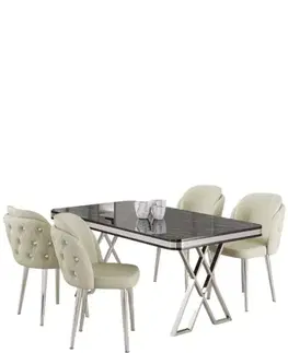 Jedálenské sety Dining Table & Chairs Set (5 Pieces) Rigel - Black Marble, Chrome, Cream