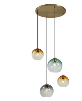 Závesné svietidlá Závesná lampa bronzová s dymovým jantárovým a zeleným sklom okrúhla 4-svetlá - Bao
