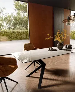 Jedálenské stoly DELIFE Jedálenský stôl Edge 300×100 cm keramika onyx champagne Zenthara hranatý kov čierna