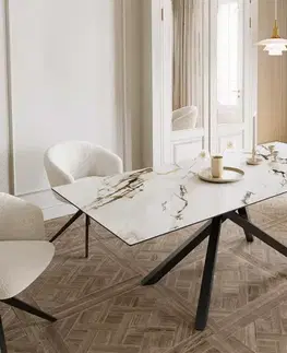 Jedálenské stoly DELIFE Jedálenský stôl Edge 180-220x100 keramika Calacatta Luxe bielo-zlato-šedá krížová podstava obdĺžnikový čierna rozkladací