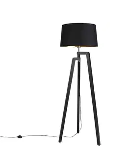Stojace lampy Trojnohá stojaca lampa s tienidlom z bavlny čierna so zlatom 50 cm - Puros