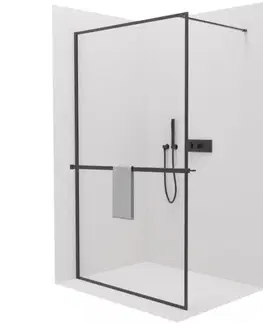 Sprchové dvere CERANO - Sprchová zástena Walk-in Moreli Ľ/P + polička/držiak na uteráky - čierna matná, transparentné sklo - 70x200 CER-477464