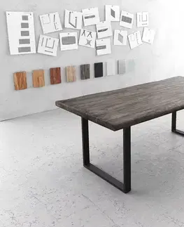 Jedálenské stoly DELIFE Jedálenský stôl Edge 200x100 XL akácia platinová tenká podstava čierna Live-Edge