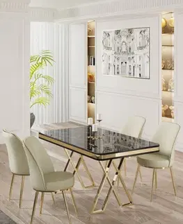 Jedálenské sety Dining Table & Chairs Set (5 Pieces) Vals - Black Marble, Gold, Cream