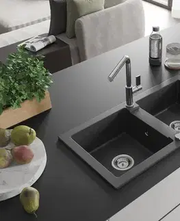 Kuchynské drezy MEXEN/S MEXEN/S - Mario granitový drez 2-bowl vrátane batérie Flora, čierna kropenatá 6504-76-670401-00