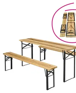 Záhradné stoly KONDELA Loris pivný set 1+2 prírodná / čierna