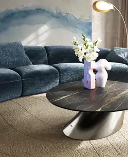 Konferenčné stolíky DELIFE Konferenčný stolík Edge okrúhly 90x90 cm keramika Laminam® Noir Desir hnedá konis nerezová oceľ kefovaná