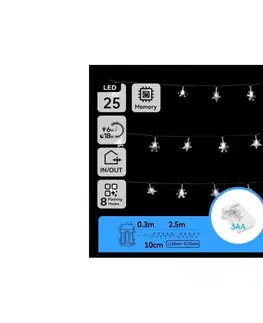 Vianočné dekorácie  B.V.  - LED vonkajší vianočný reťazec 25xLED/8 funkcií 3xAA 2,5m IP44 studená biela B10303K51