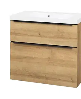 Kúpeľňový nábytok Mereo Mailo, kúpeľňová skrinka s umývadlom z liateho mramoru 81 cm, dub Riviera, čierne madlo CN521MB