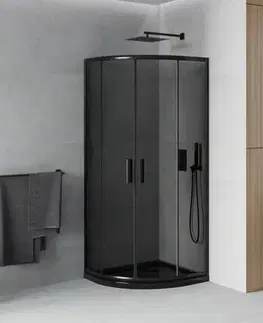 Vane MEXEN/S - Rio sprchovací kút štvrťkruh 90x90, grafit, čierna + čierna vanička so sifónom 863-090-090-70-40-4170B